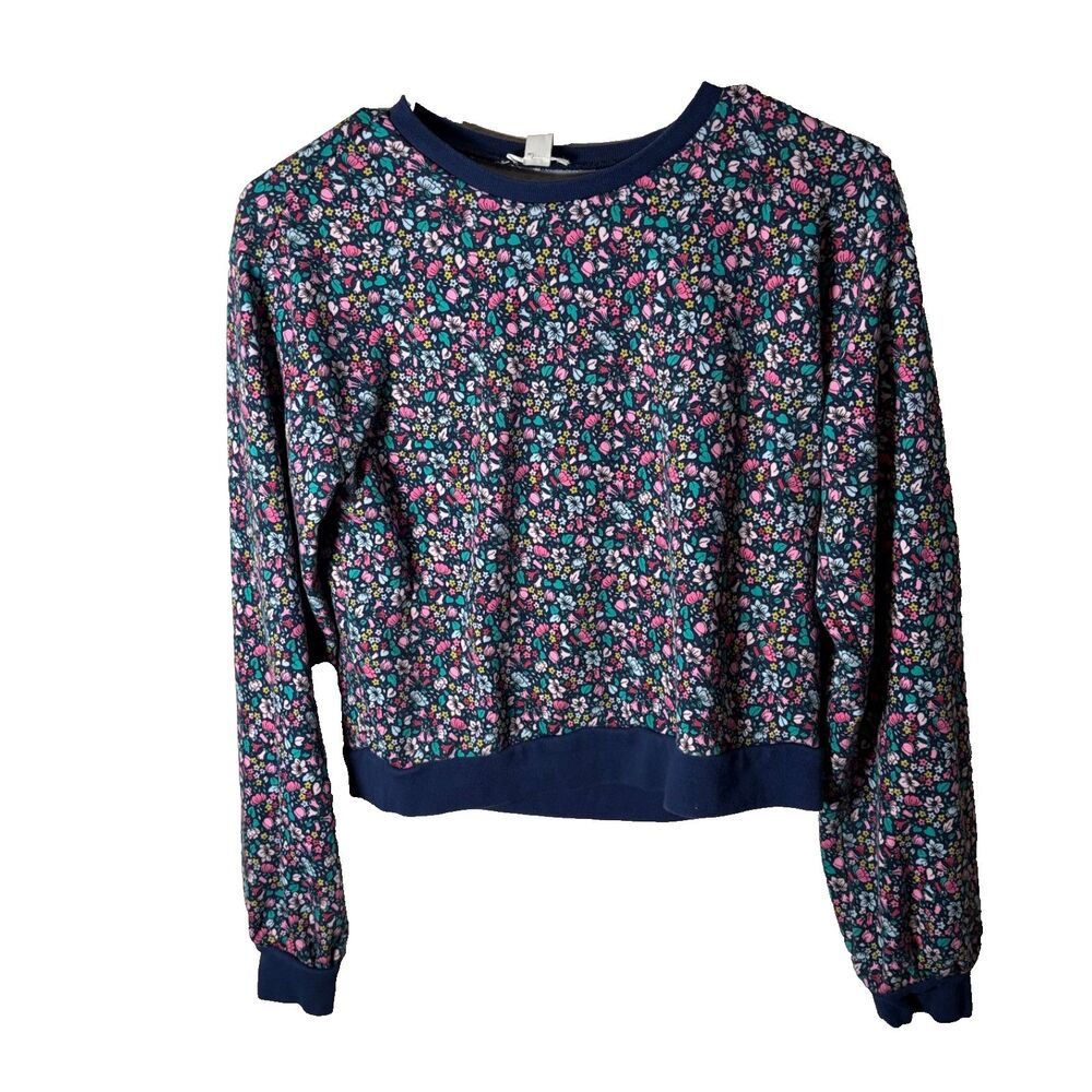 Crewcuts Sweatshirt Girl's XL Cropped Blue Floral Long Sleeve Crew Pullover